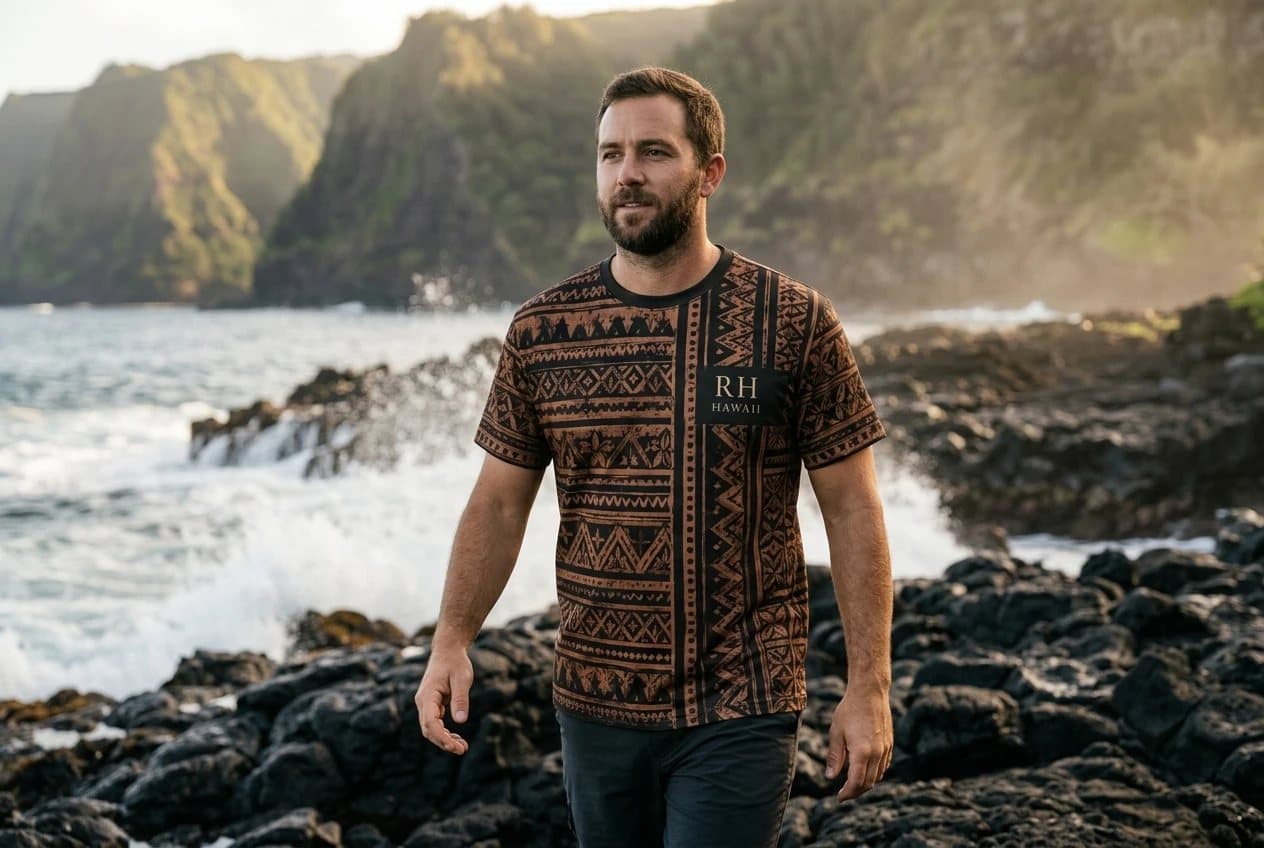 A man walking along a black lava rock coastline wearing the Ancient Tapa t-shirt